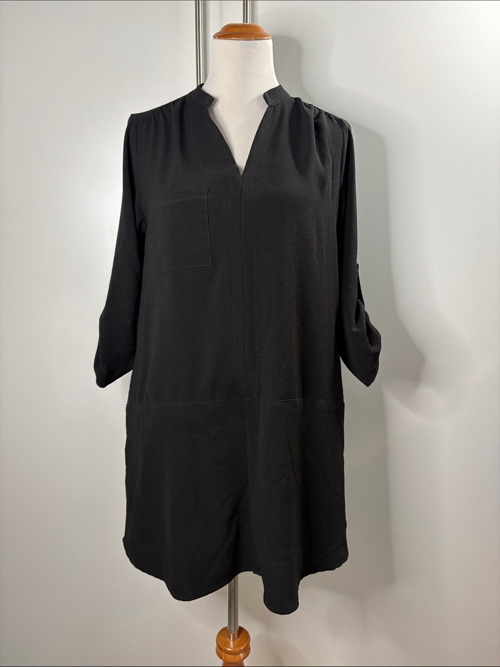 Lush Black Split V-Neck Tunic Dress w Pockets OnSeam M